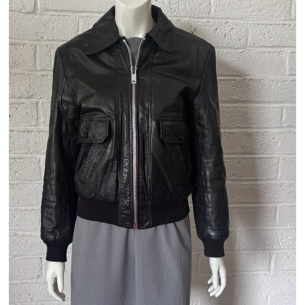 Vintage 80s  Bomber Jacket Black Leather Mens 40 Slim Med/ Small Scotts Grey LTD